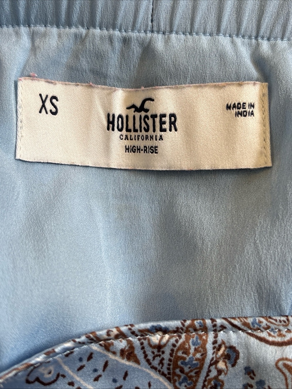 Hollister Blue Brown Paisley High Rise Mini Skirt Side Slit XS Lined Satin Y2K - Picture 5 of 11